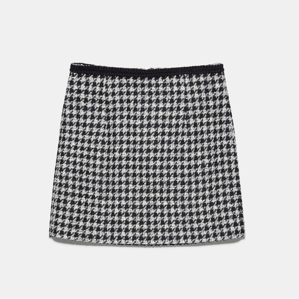 Zara Houndstooth Mini Tweed Skirt w/ Contrast Waist